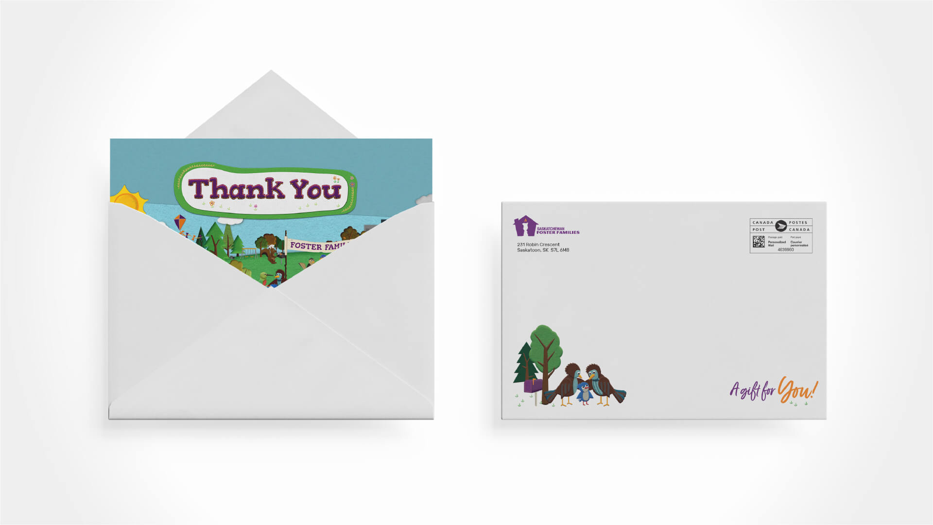 Saskatchewan Foster Families Association, Design, Foster Families Month Thank You Card, Portfolio Image, Packaging includes a creative envelope approach.