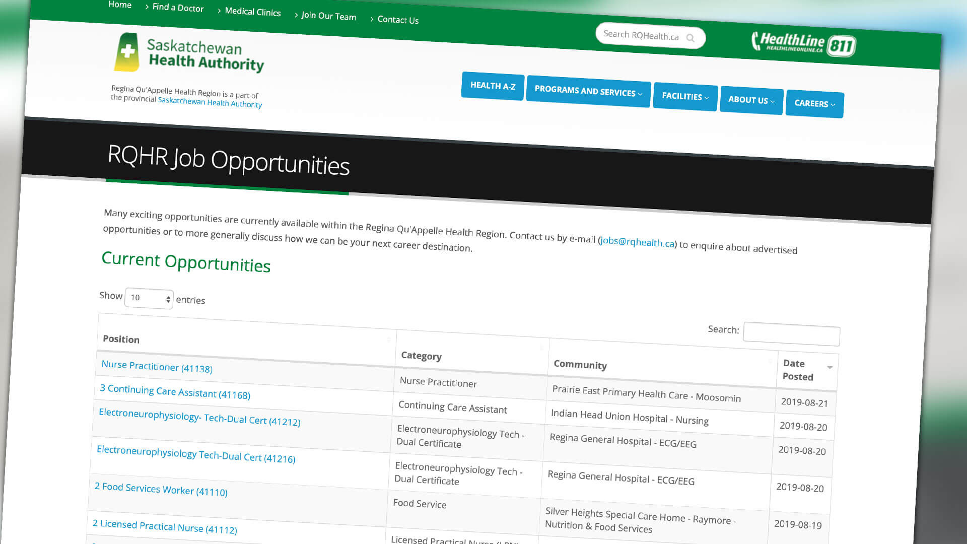 Saskatchewan Health Authority, Web Apps, RQHR Website Career Opportunities, Portfolio Image
